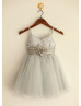Spaghetti Straps V Neck Silver Sequin Gray Tulle Flower Girl Dress